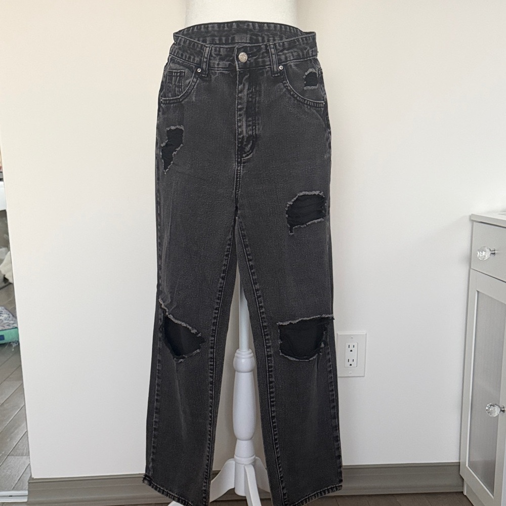 SHEIN Black Distressed Wide Leg Jeans